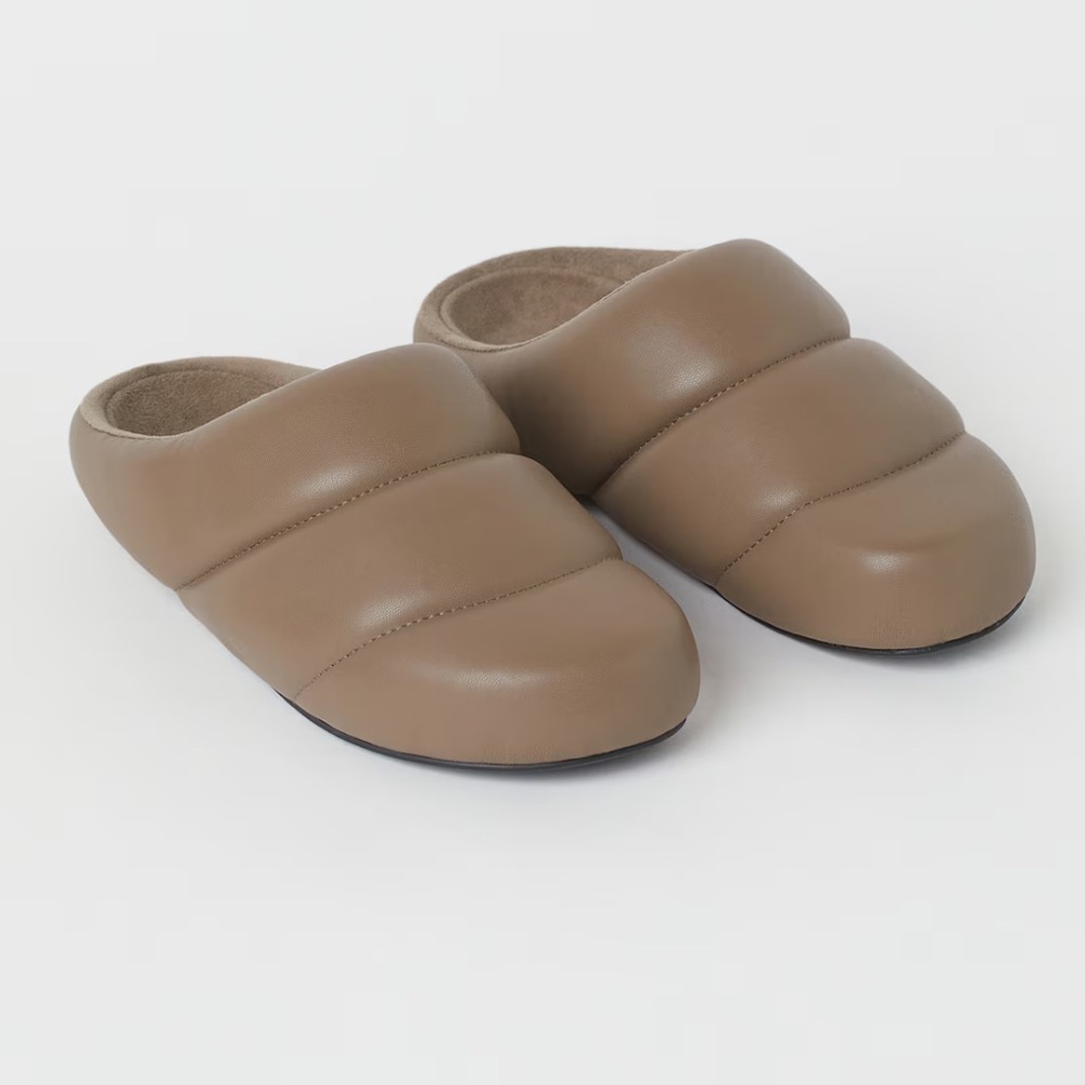 H&M Faux Leather Quilted Padded Chunky Puffer Slippers - Tan Dark Taupe - US 7